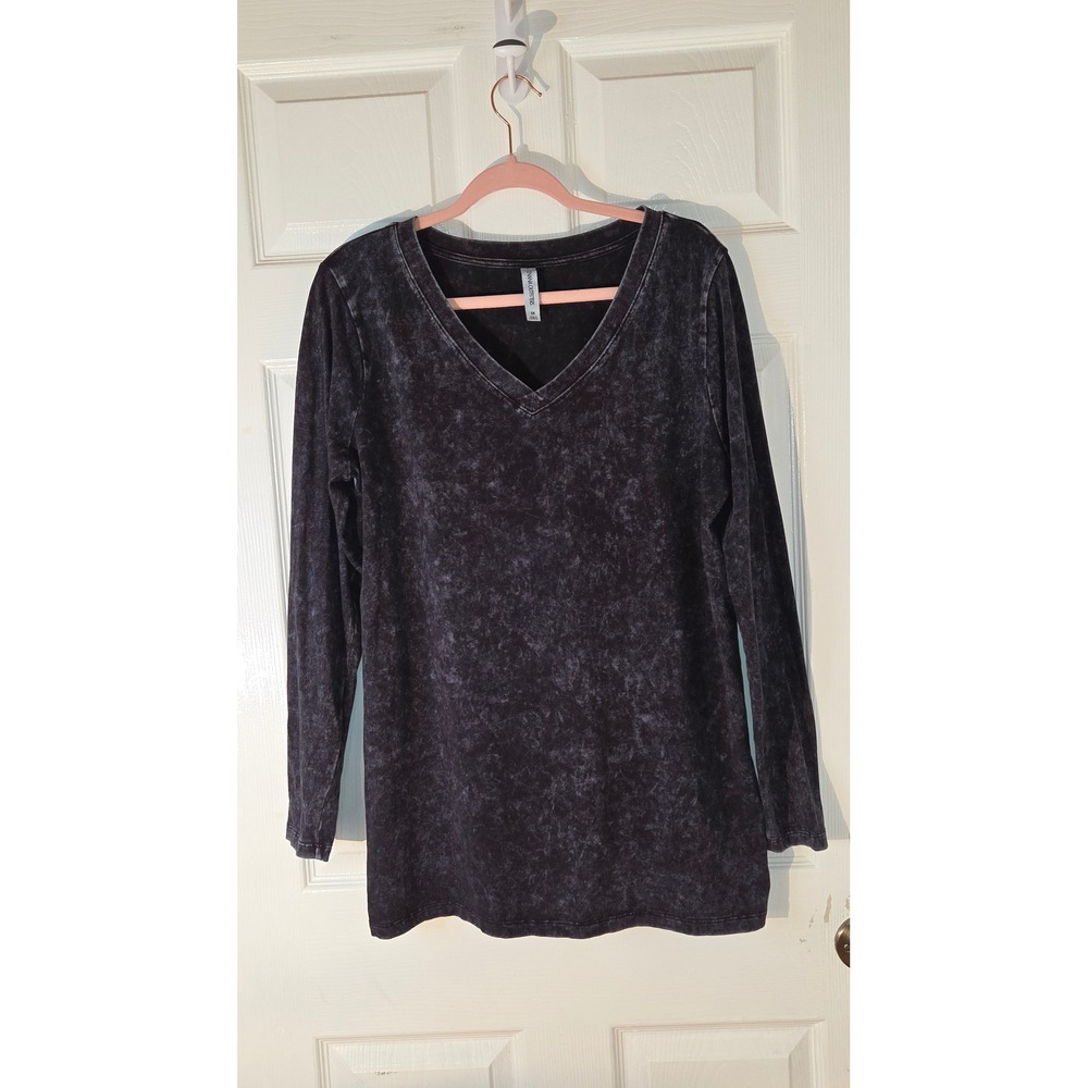 Zenana Outfitters Mineral Wash V-Neck Long Sleeve Tunic Top Charcoal Grey 2X